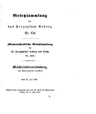 Gesetz-Sammlung für das Herzogtum Coburg (Coburger Regierungs-Blatt) Mittwoch 17. Juli 1878