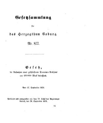 Gesetz-Sammlung für das Herzogtum Coburg (Coburger Regierungs-Blatt) Samstag 28. September 1878