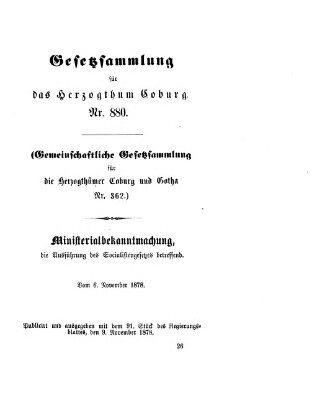 Gesetz-Sammlung für das Herzogtum Coburg (Coburger Regierungs-Blatt) Samstag 9. November 1878