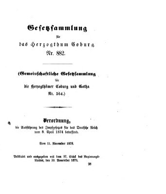 Gesetz-Sammlung für das Herzogtum Coburg (Coburger Regierungs-Blatt) Samstag 30. November 1878