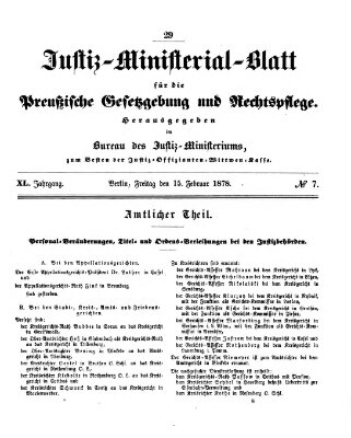 Justiz-Ministerialblatt für die preußische Gesetzgebung und Rechtspflege Freitag 15. Februar 1878