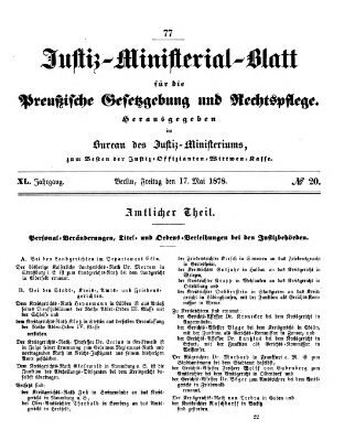 Justiz-Ministerialblatt für die preußische Gesetzgebung und Rechtspflege Freitag 17. Mai 1878