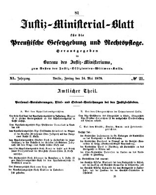 Justiz-Ministerialblatt für die preußische Gesetzgebung und Rechtspflege Freitag 24. Mai 1878