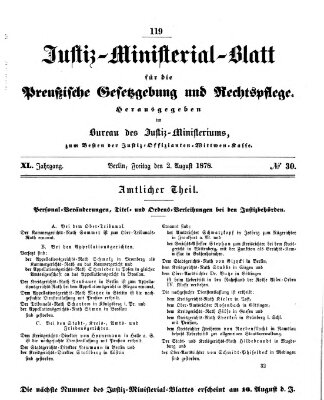 Justiz-Ministerialblatt für die preußische Gesetzgebung und Rechtspflege Freitag 2. August 1878