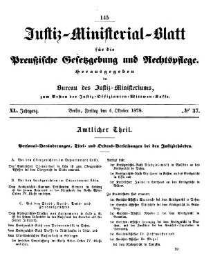 Justiz-Ministerialblatt für die preußische Gesetzgebung und Rechtspflege Freitag 4. Oktober 1878