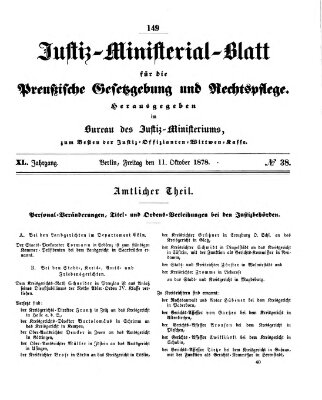 Justiz-Ministerialblatt für die preußische Gesetzgebung und Rechtspflege Freitag 11. Oktober 1878