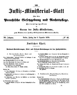 Justiz-Ministerialblatt für die preußische Gesetzgebung und Rechtspflege Freitag 6. Dezember 1878