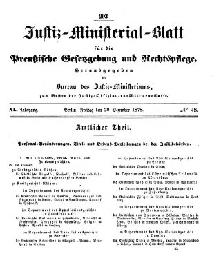 Justiz-Ministerialblatt für die preußische Gesetzgebung und Rechtspflege Freitag 20. Dezember 1878