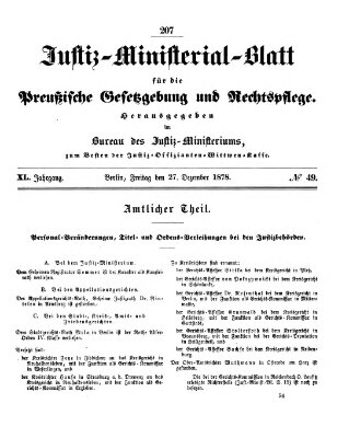 Justiz-Ministerialblatt für die preußische Gesetzgebung und Rechtspflege Freitag 27. Dezember 1878