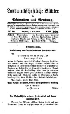 Landwirtschaftliche Blätter für Schwaben und Neuburg Donnerstag 7. März 1878