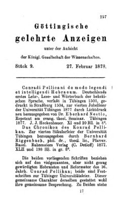 Göttingische gelehrte Anzeigen (Göttingische Zeitungen von gelehrten Sachen) Mittwoch 27. Februar 1878