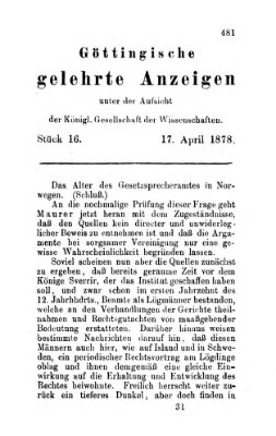 Göttingische gelehrte Anzeigen (Göttingische Zeitungen von gelehrten Sachen) Mittwoch 17. April 1878