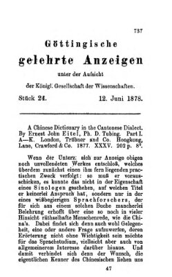 Göttingische gelehrte Anzeigen (Göttingische Zeitungen von gelehrten Sachen) Mittwoch 12. Juni 1878