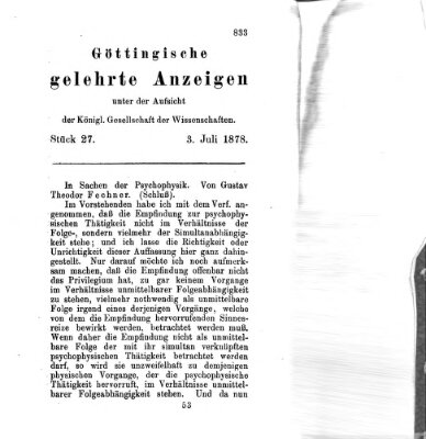 Göttingische gelehrte Anzeigen (Göttingische Zeitungen von gelehrten Sachen) Mittwoch 3. Juli 1878