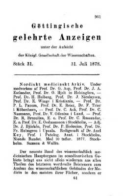 Göttingische gelehrte Anzeigen (Göttingische Zeitungen von gelehrten Sachen) Mittwoch 31. Juli 1878