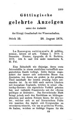 Göttingische gelehrte Anzeigen (Göttingische Zeitungen von gelehrten Sachen) Mittwoch 28. August 1878