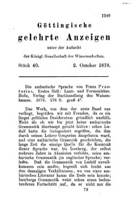 Göttingische gelehrte Anzeigen (Göttingische Zeitungen von gelehrten Sachen) Mittwoch 2. Oktober 1878