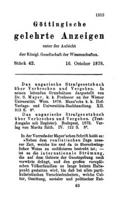 Göttingische gelehrte Anzeigen (Göttingische Zeitungen von gelehrten Sachen) Mittwoch 16. Oktober 1878