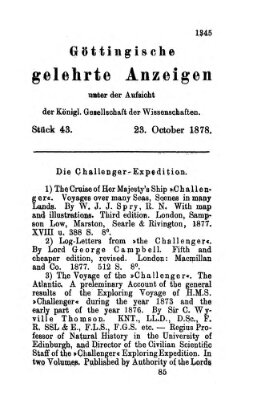 Göttingische gelehrte Anzeigen (Göttingische Zeitungen von gelehrten Sachen) Mittwoch 23. Oktober 1878