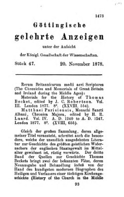 Göttingische gelehrte Anzeigen (Göttingische Zeitungen von gelehrten Sachen) Mittwoch 20. November 1878