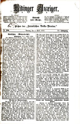 Kitzinger Anzeiger Montag 1. April 1878