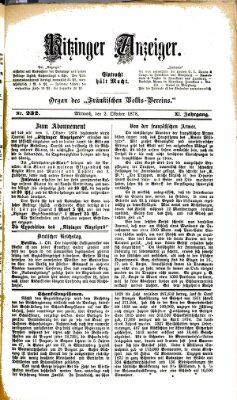 Kitzinger Anzeiger Mittwoch 2. Oktober 1878