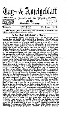 Tag- und Anzeigeblatt für Kempten und das Allgäu Mittwoch 16. Januar 1878