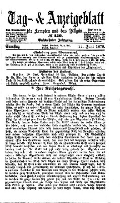 Tag- und Anzeigeblatt für Kempten und das Allgäu Samstag 22. Juni 1878