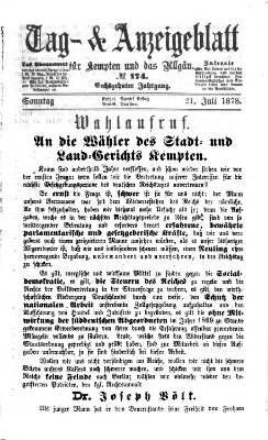 Tag- und Anzeigeblatt für Kempten und das Allgäu Sonntag 21. Juli 1878