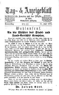 Tag- und Anzeigeblatt für Kempten und das Allgäu Donnerstag 25. Juli 1878